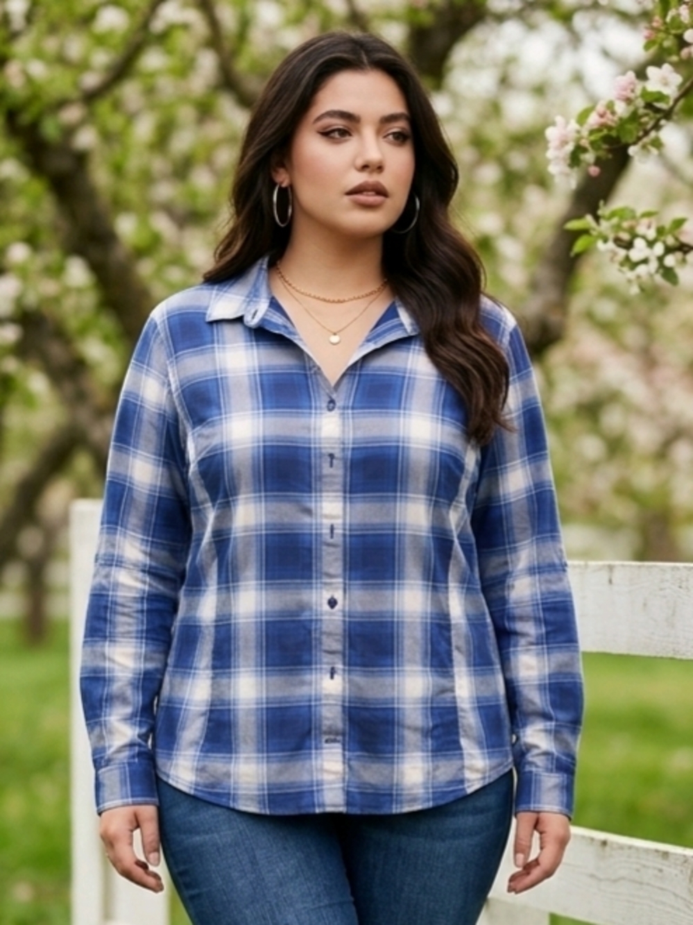 Blue Plaid Button-Down Shirt for Women